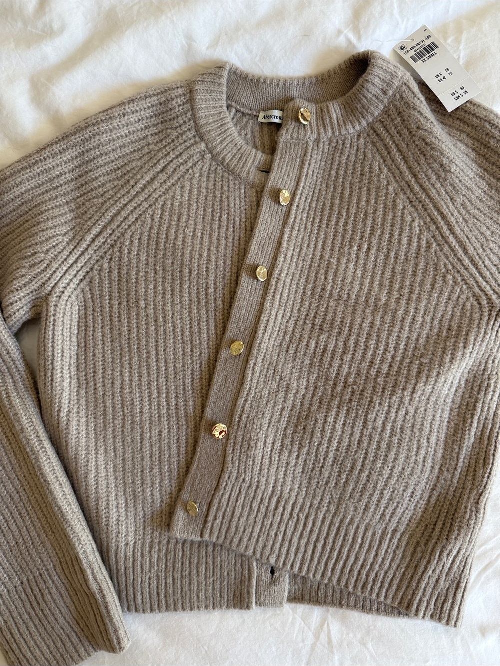 Abercrombie & Fitch Ribbed Taupe Cardigan with Gold Buttons - Picture 3 of 3